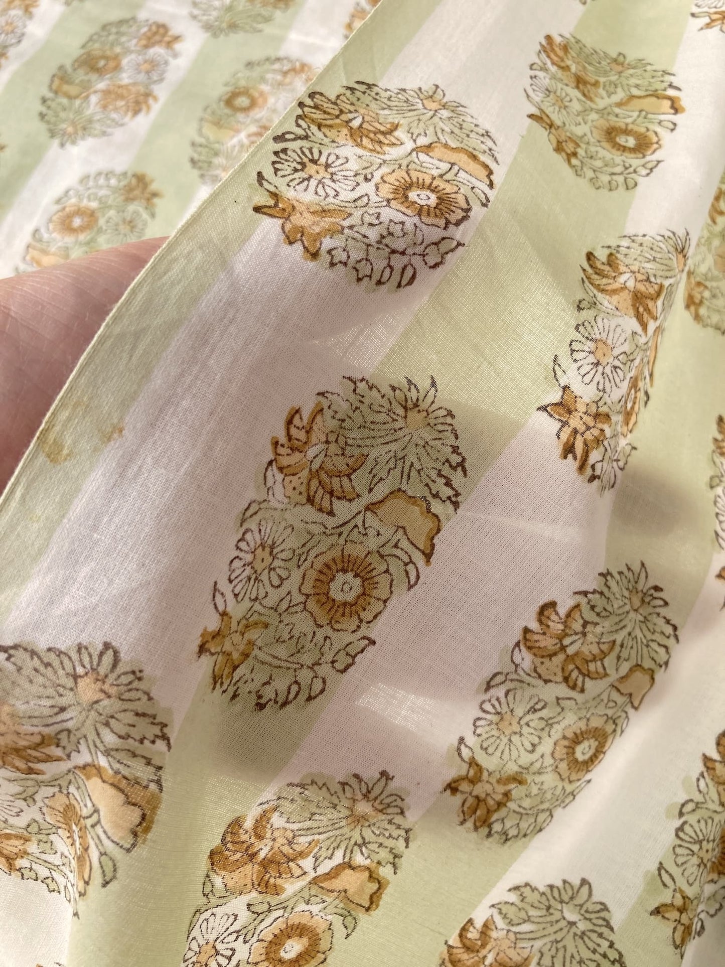 Hand Block Print Sage x White Stripes Cotton Fabric  #310-11