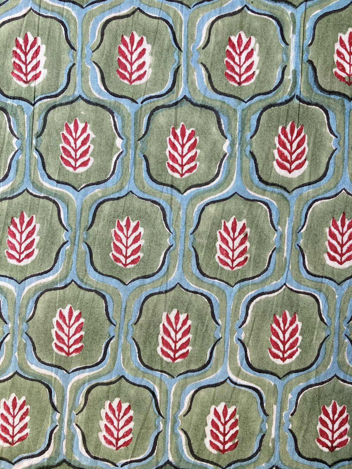 Hand Block Print Cotton Fabric Green x Red Botanical Trellis   #310-14