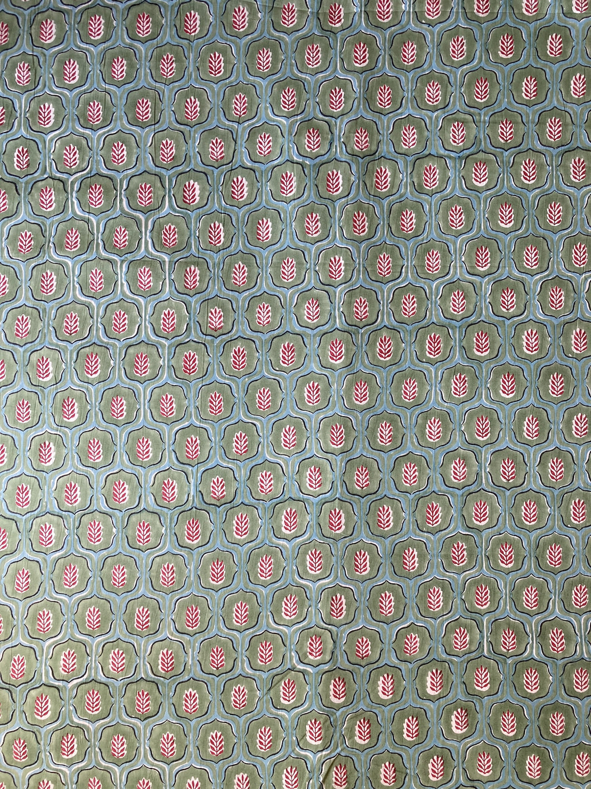 Hand Block Print Cotton Fabric Green x Red Botanical Trellis   #310-14