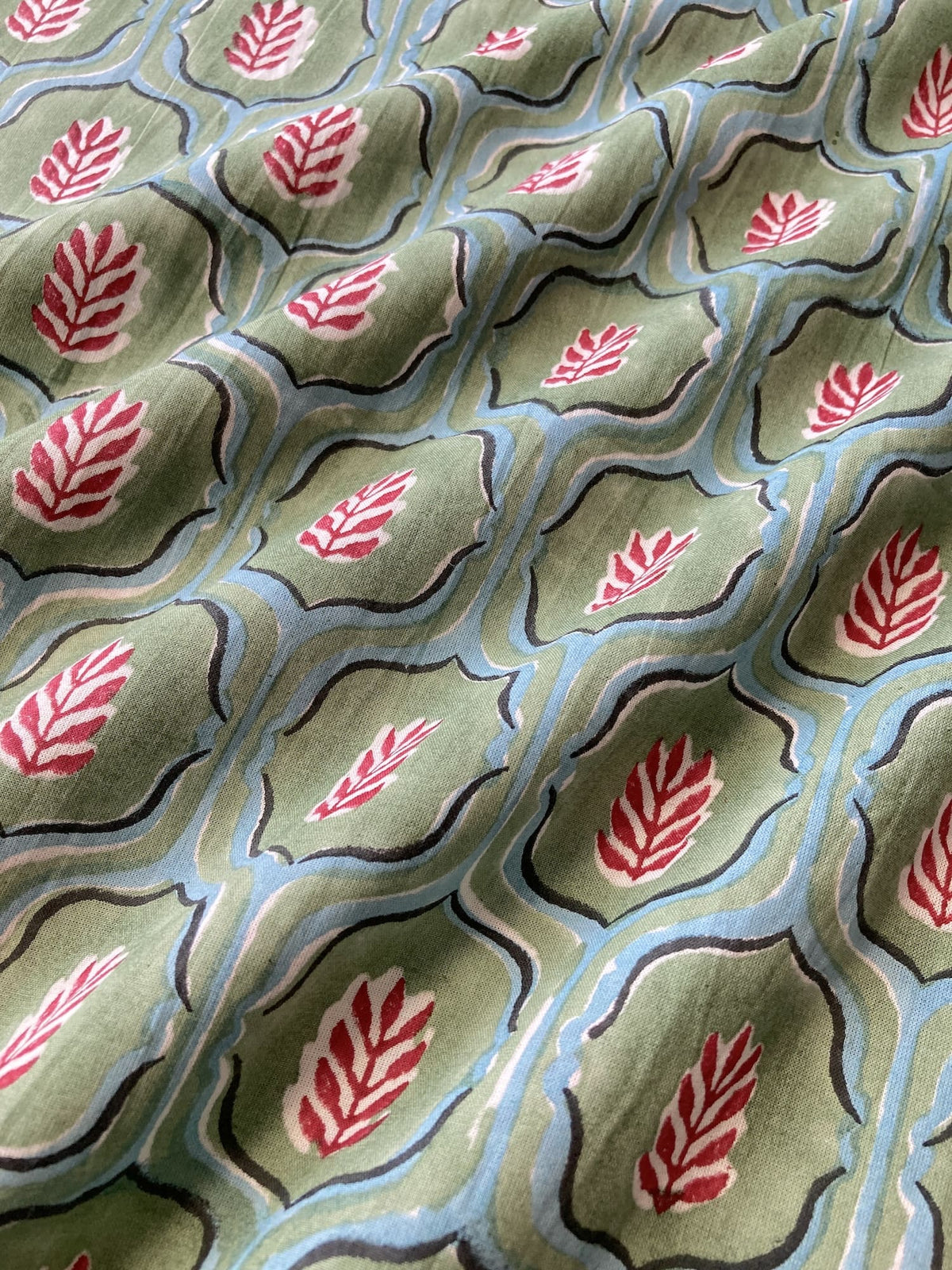 Hand Block Print Cotton Fabric Green x Red Botanical Trellis   #310-14