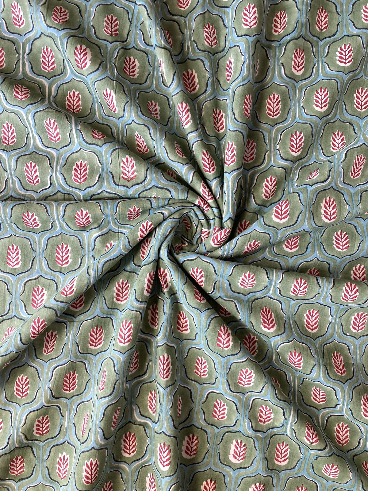 Hand Block Print Cotton Fabric Green x Red Botanical Trellis   #310-14