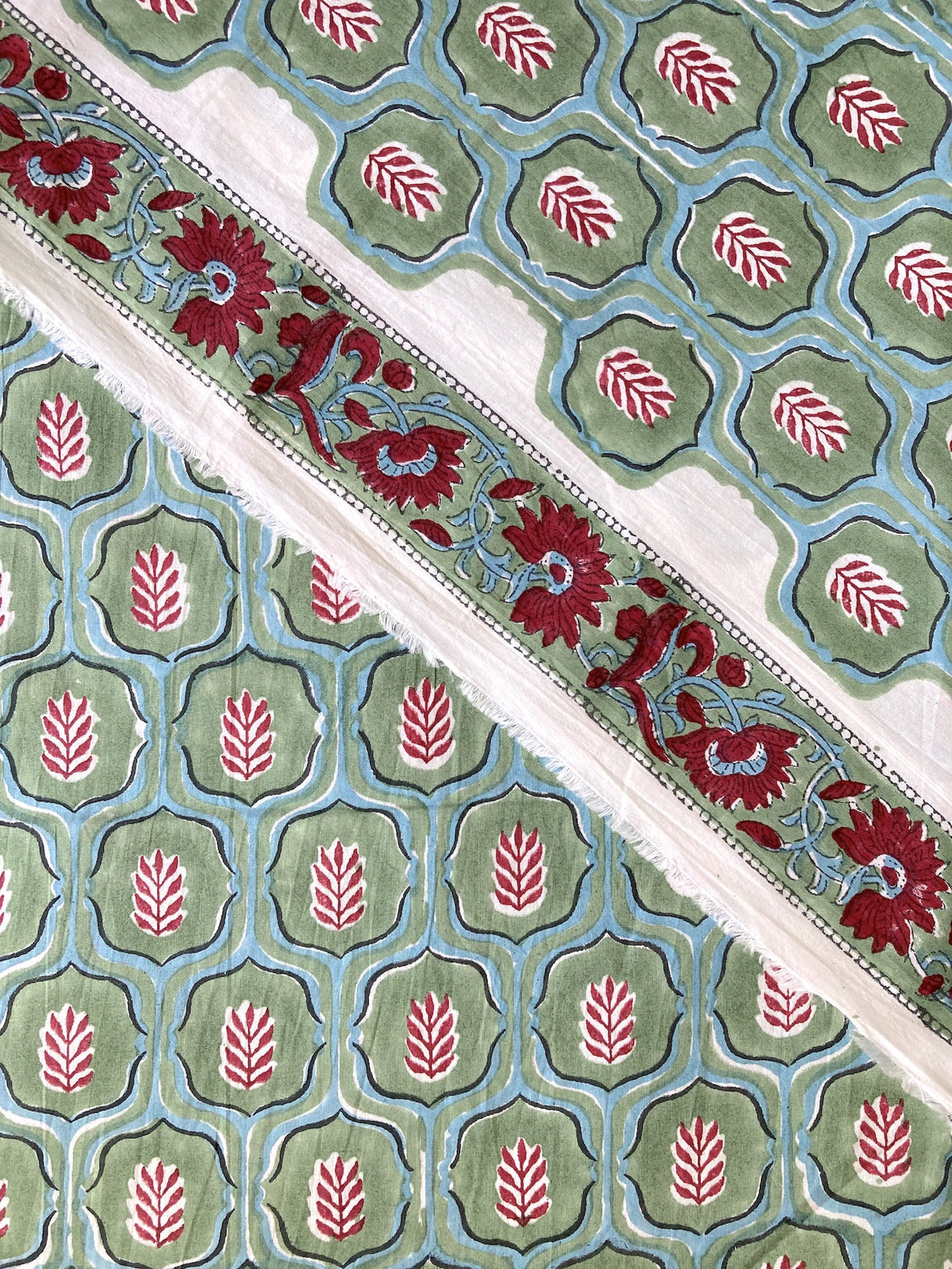 Hand Block Print Cotton Fabric Green x Red Botanical Trellis   #310-14