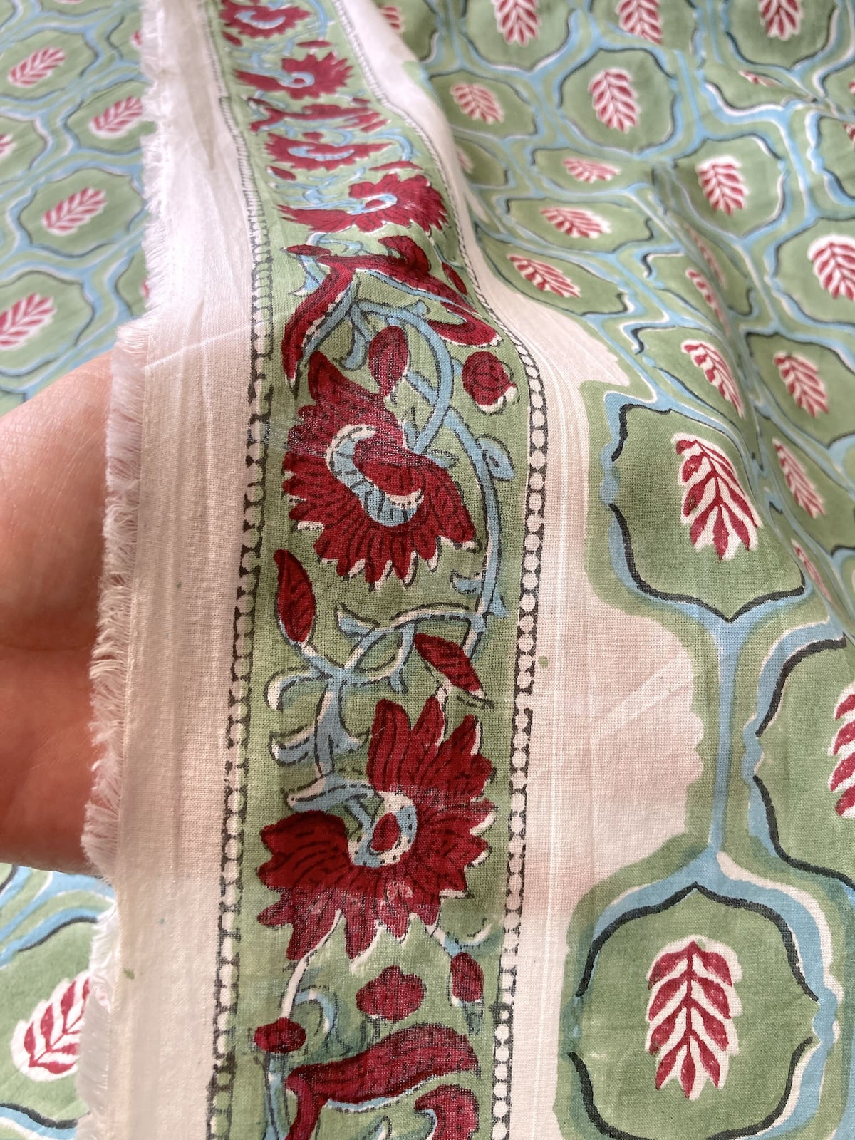 Hand Block Print Cotton Fabric Green x Red Botanical Trellis   #310-14