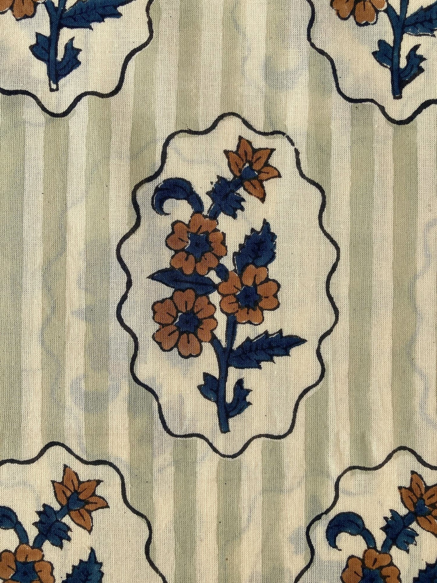 Hand Block Print Stripe x Flower Cotton Fabric   #310-15