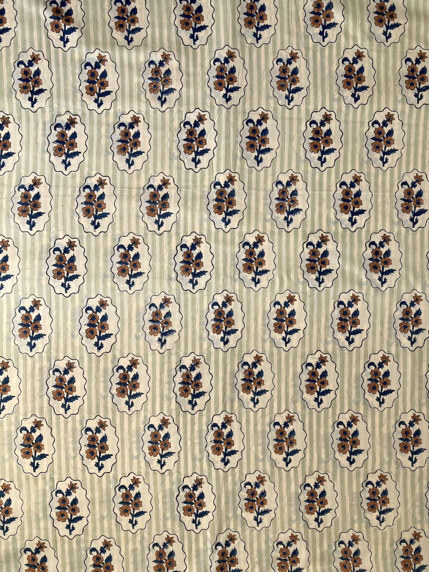 Hand Block Print Stripe x Flower Cotton Fabric   #310-15
