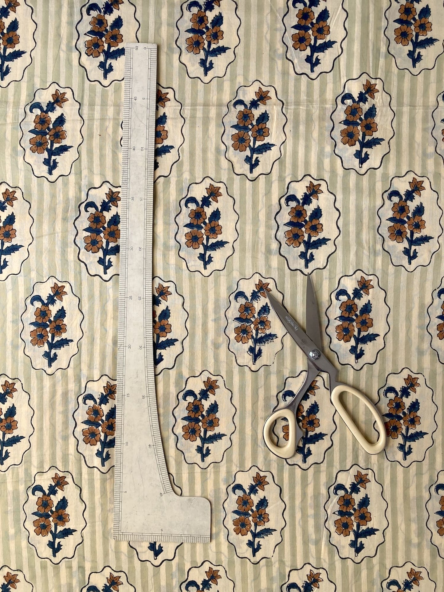 Hand Block Print Stripe x Flower Cotton Fabric   #310-15