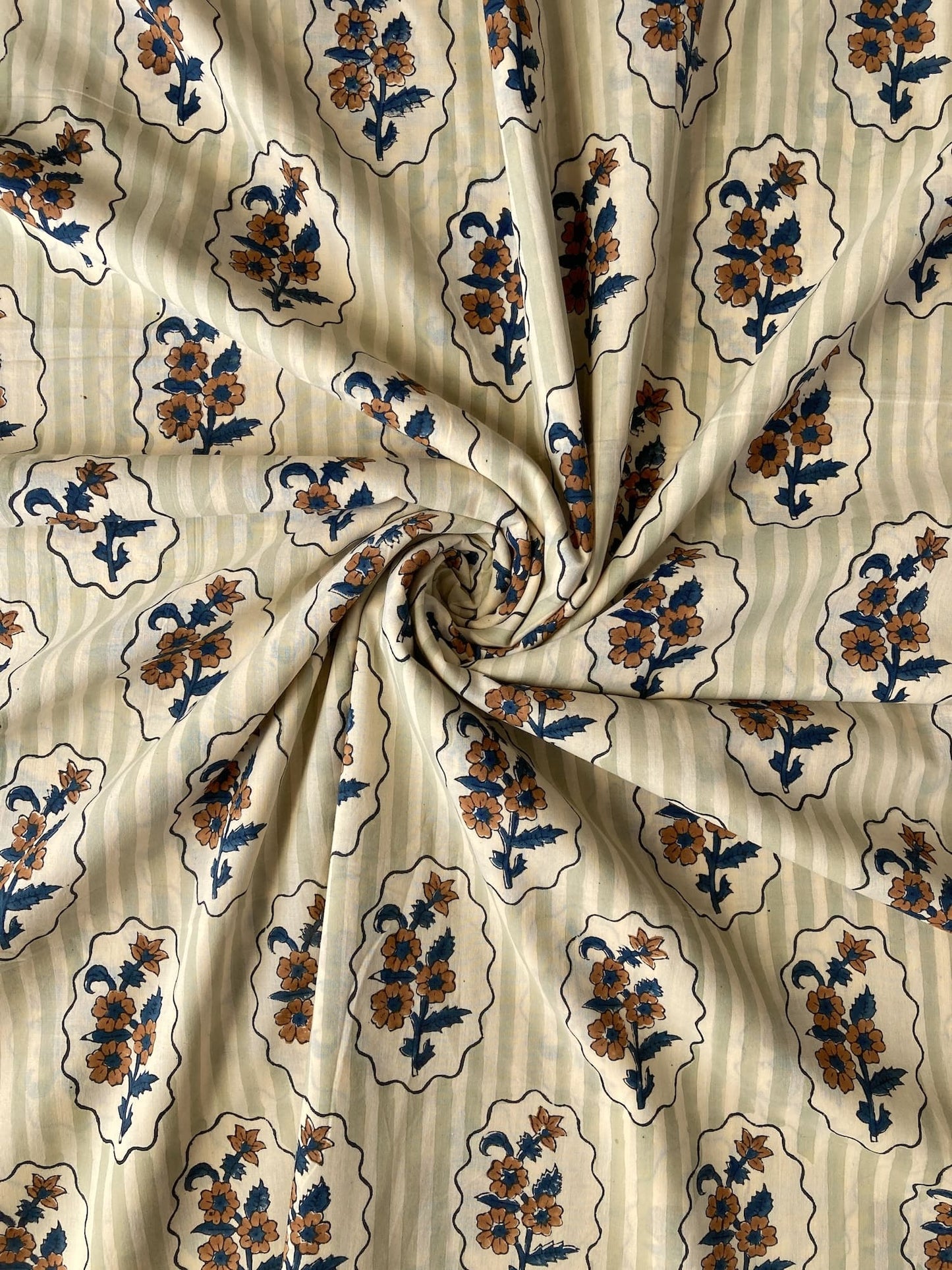 Hand Block Print Stripe x Flower Cotton Fabric   #310-15