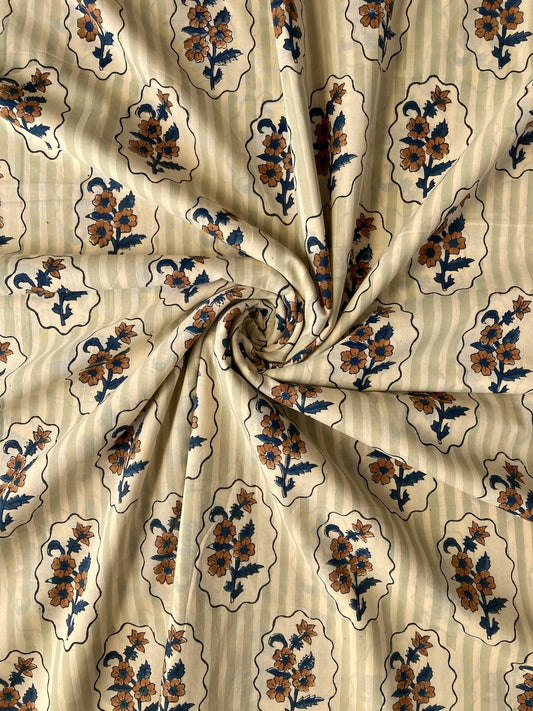 Hand Block Print Stripe x Flower Cotton Fabric   #310-15