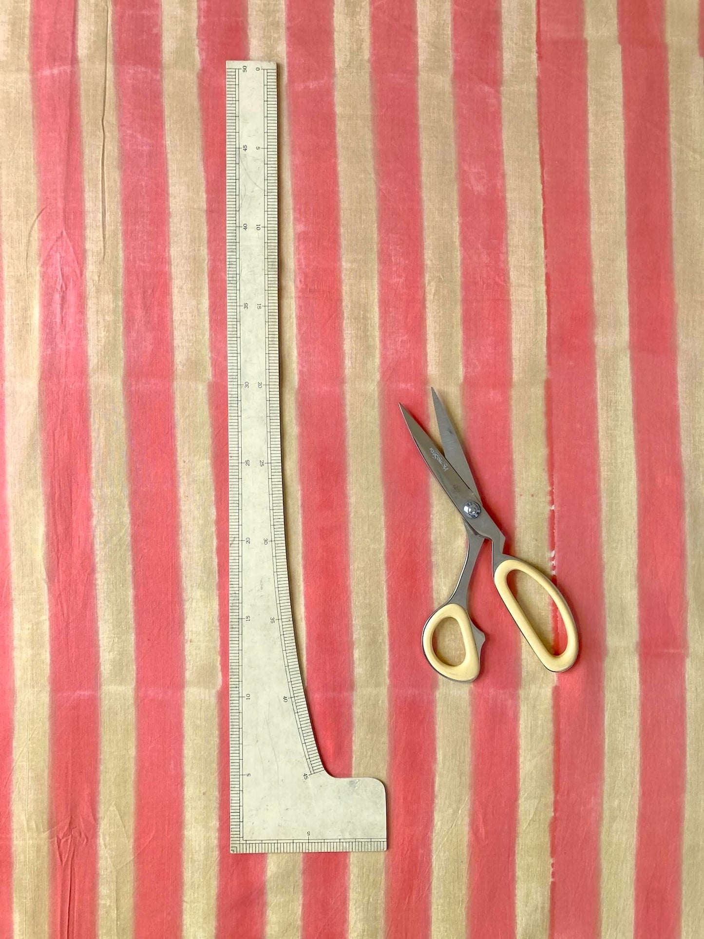 Hand Block Print Pink x Beige Stripes Cotton Fabric  #310-2