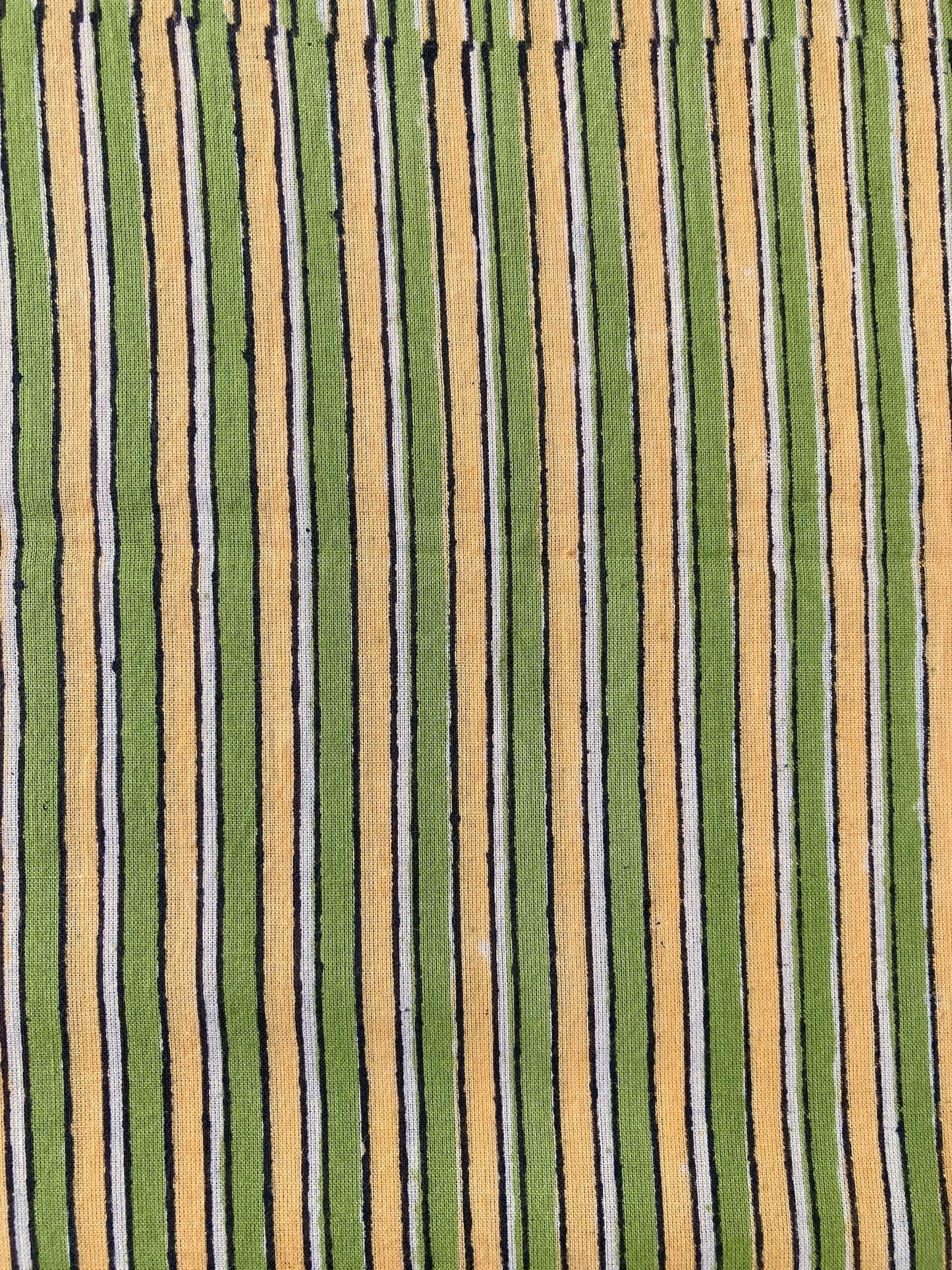 ハンドブロックプリント グリーン x カスタード ストライプ コットンプリント生地  #310-3