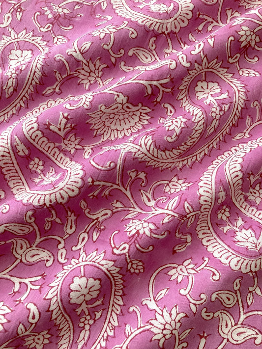 Hand Block Print Pink x Beige Stripes Cotton Fabric  #310-2