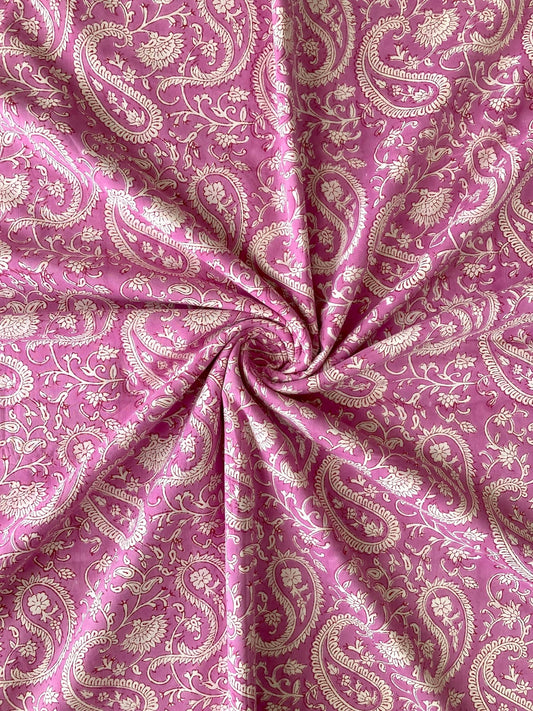 Hand Block Print Pink x Beige Stripes Cotton Fabric  #310-2