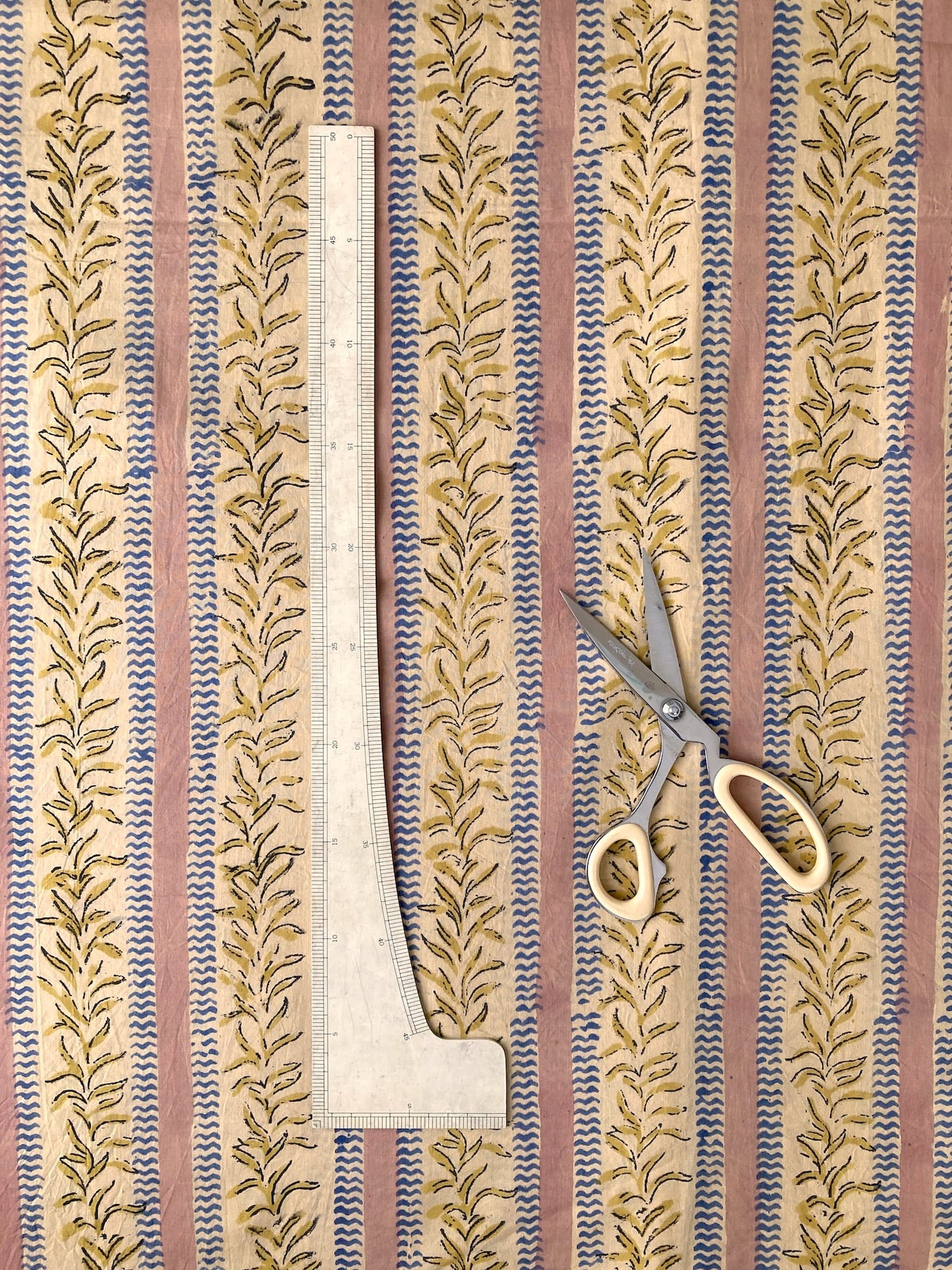Hand Block Print Pink x Beige Stripes Cotton Fabric  #310-2