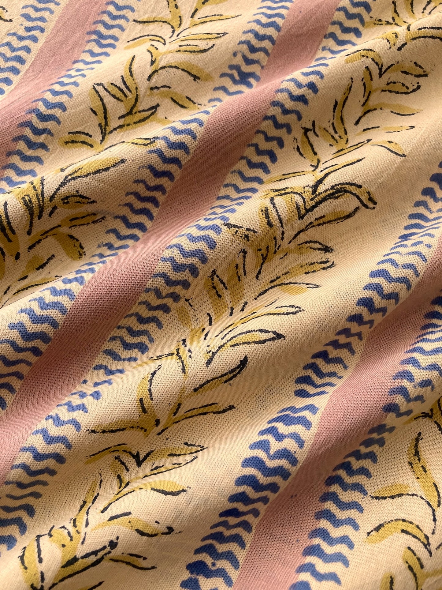 Hand Block Print Pink x Beige Stripes Cotton Fabric  #310-2