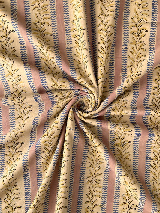 Hand Block Print Pink x Beige Stripes Cotton Fabric  #310-2
