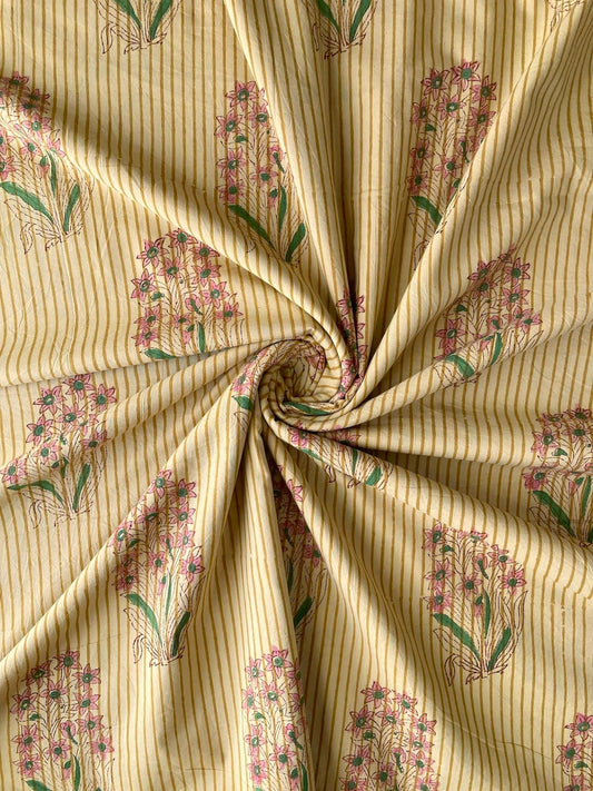 Hand Block Print Beige Stripe Floral Cotton Fabric   #317-2