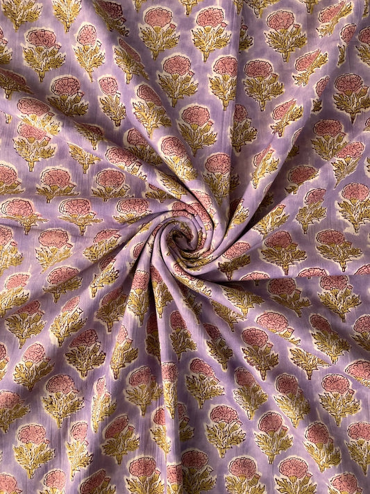 Hand Block Print Purple Floral Cotton Fabric   #317-4