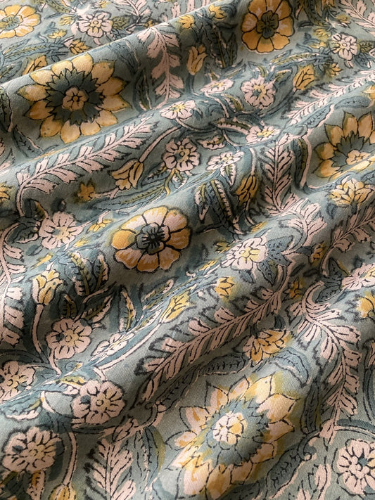 Hand Block Print Green Froral Cotton Fabric   #317-5
