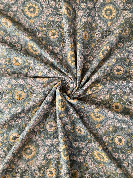 Hand Block Print Green Froral Cotton Fabric   #317-5