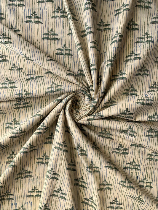 Hand Block Print Cream x Green Floral Cotton Fabric   #317-6