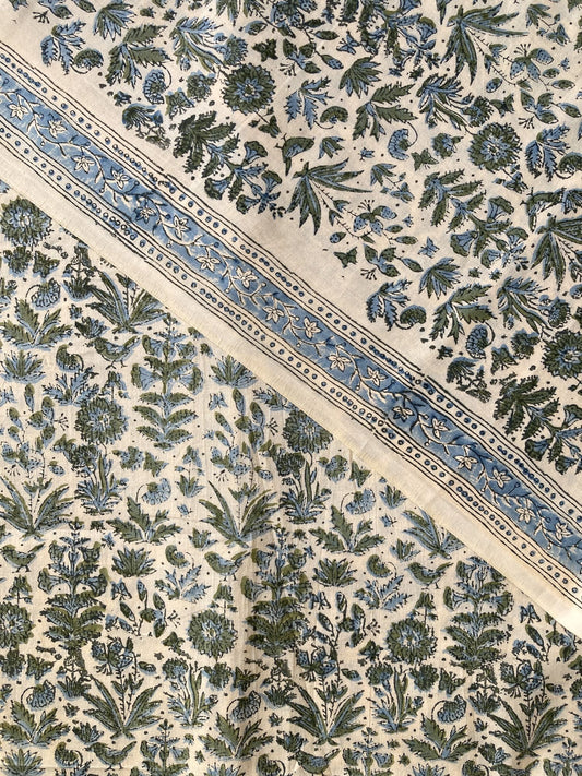 Hand Block Print Cream x Green Floral Cotton Fabric   #317-7