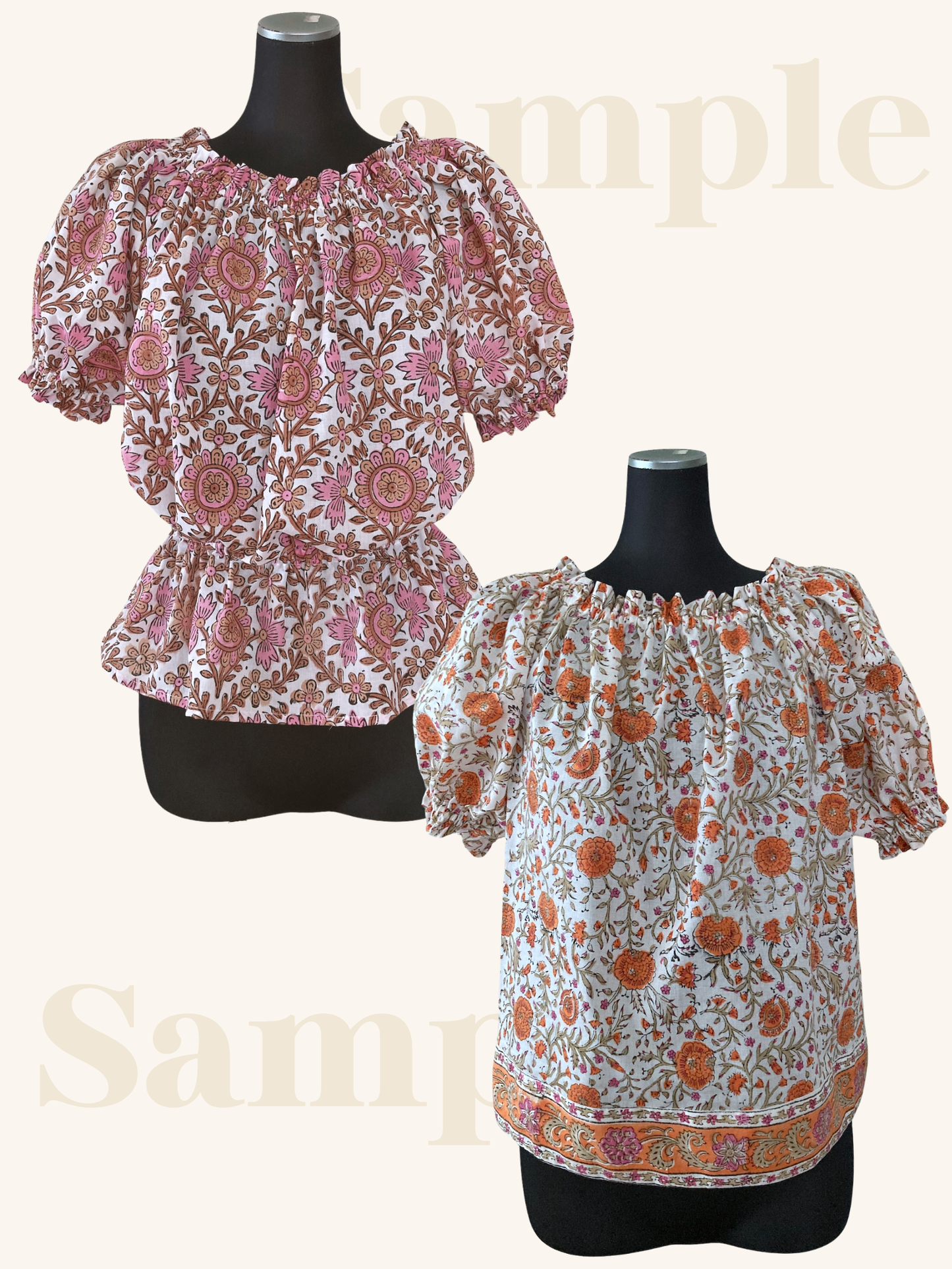 【custom order】 Hand Block Print Puff Sleeve Blouse / Dress #Becca