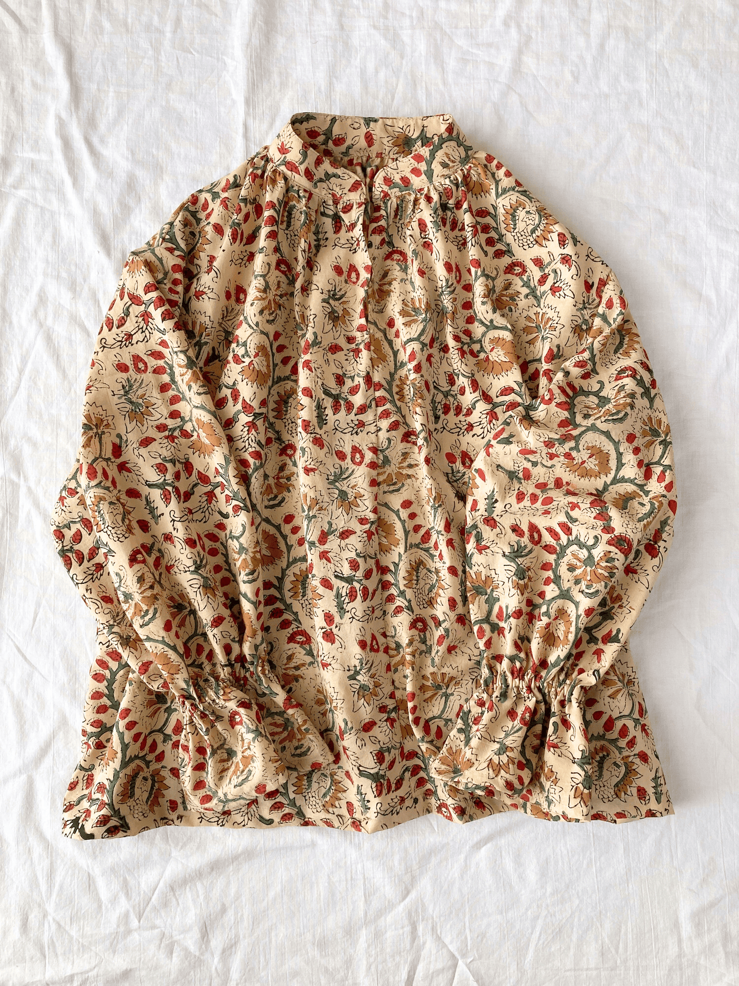 【custom order】 Hand Block Print Band Collar Split Neck Dress - Blouse #Bella