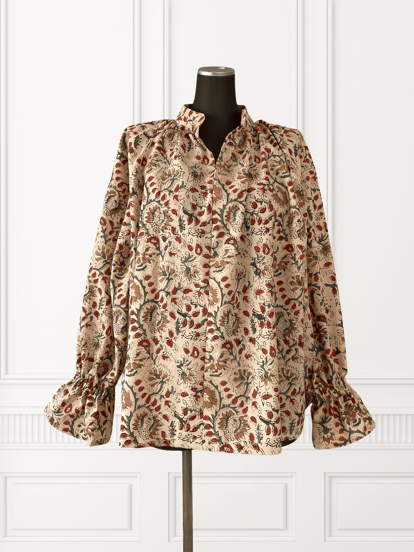 【custom order】 Hand Block Print Band Collar Split Neck Dress - Blouse #Bella