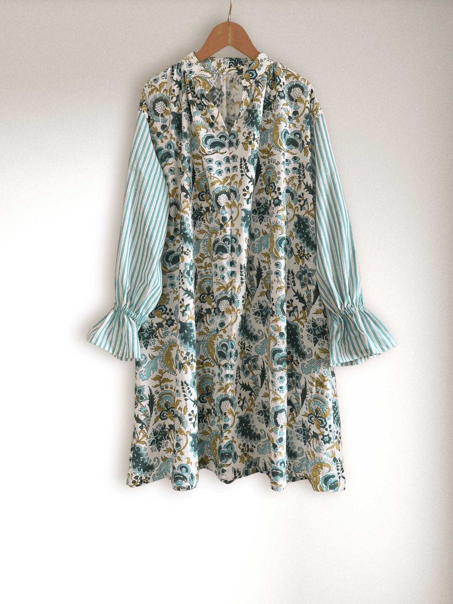 【custom order】 Hand Block Print Band Collar Split Neck Dress - Blouse #Bella