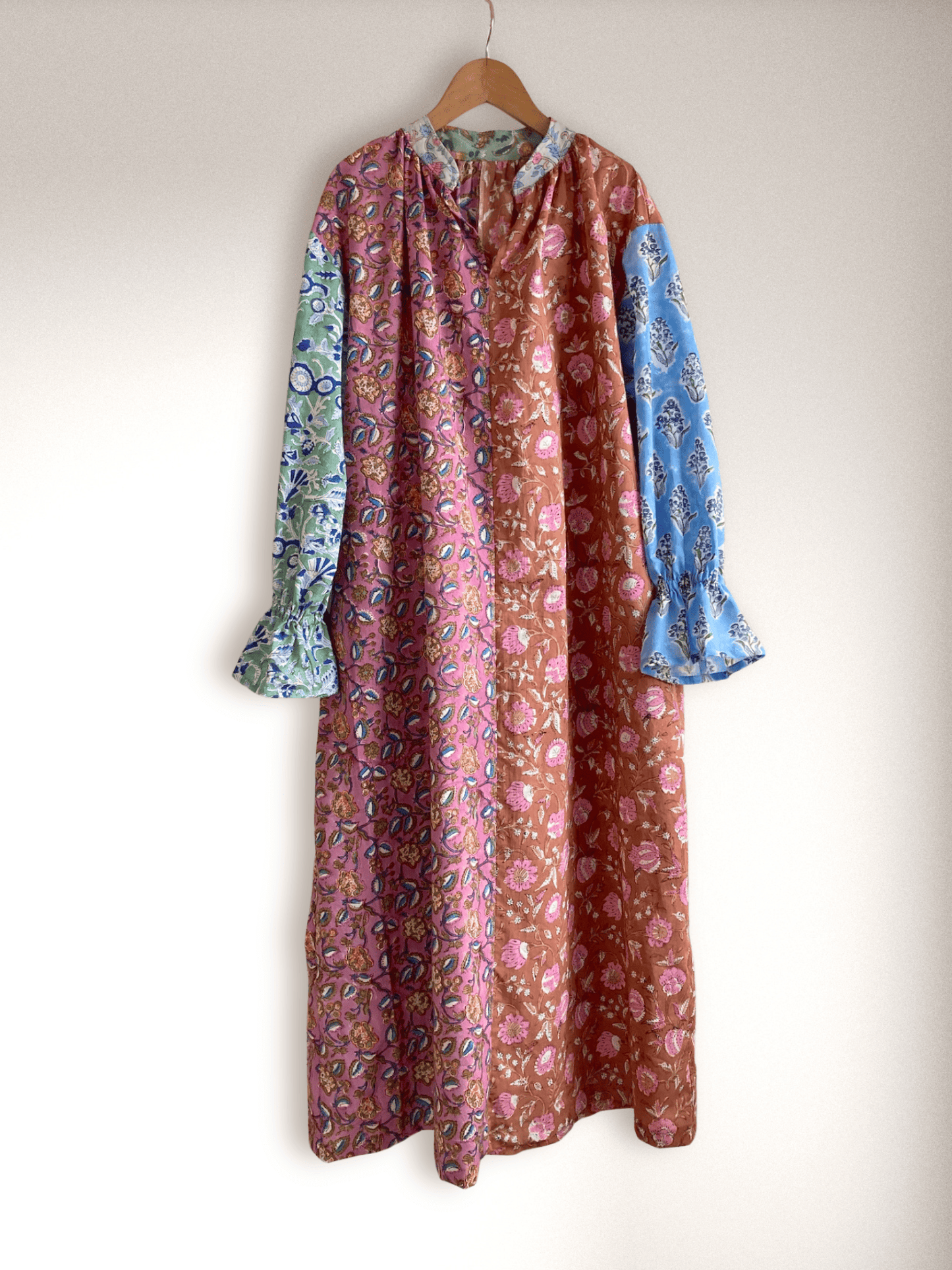 【custom order】 Hand Block Print Band Collar Split Neck Dress - Blouse #Bella