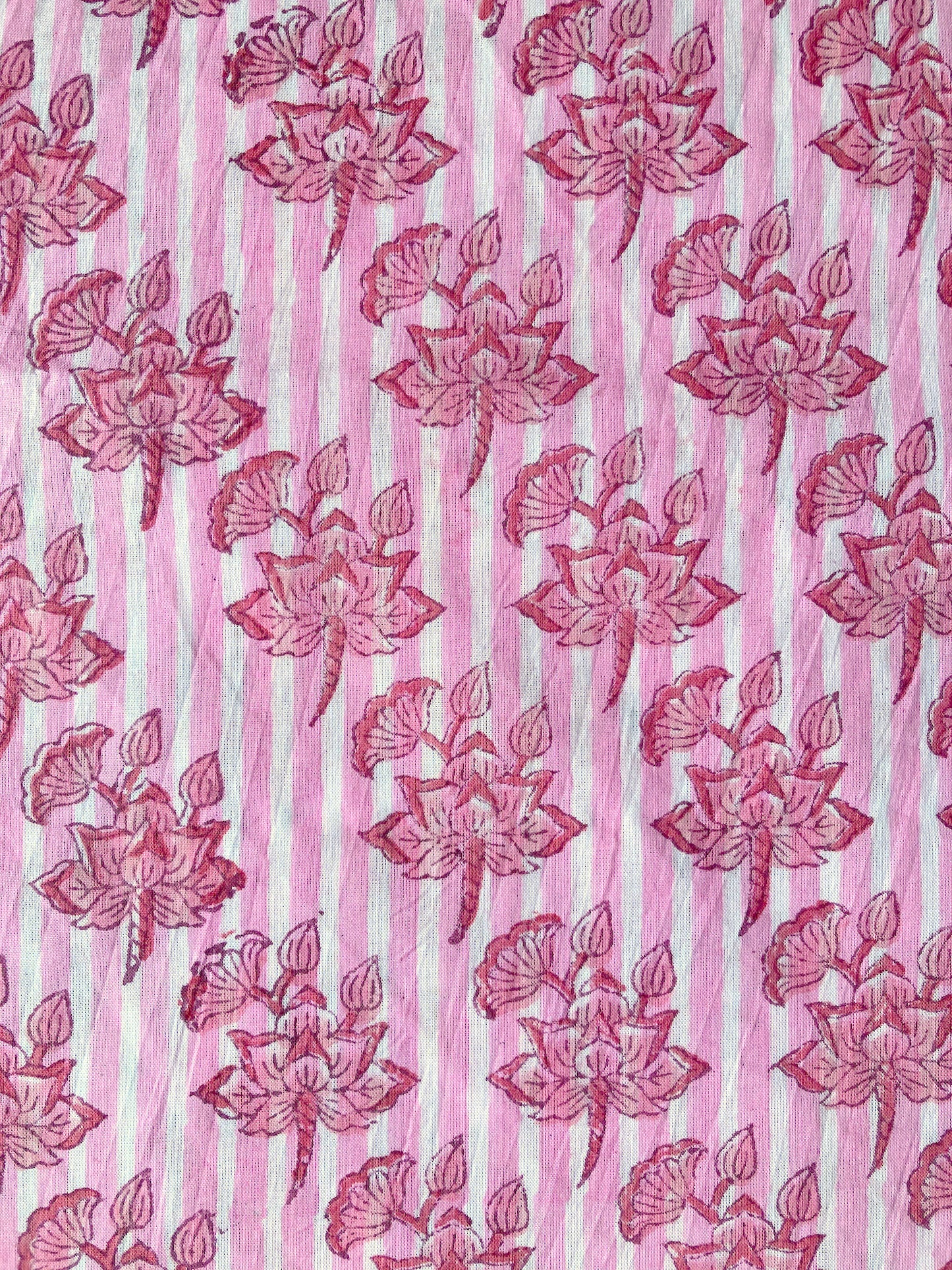 Hand Block Printed Pink Striped Cotton Fabric  #235-1