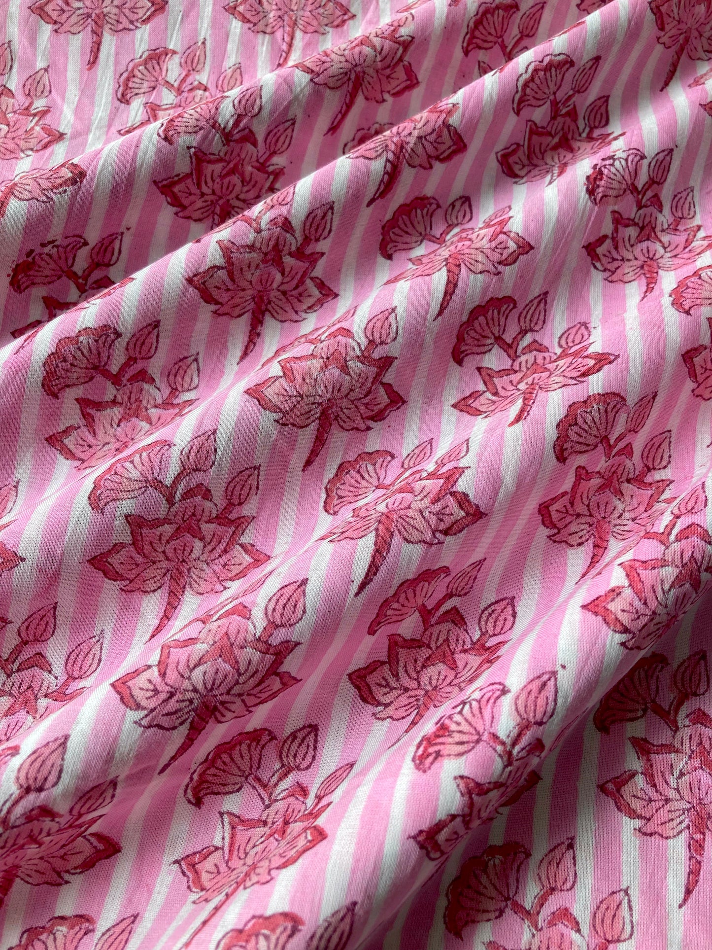 Hand Block Printed Pink Striped Cotton Fabric  #235-1