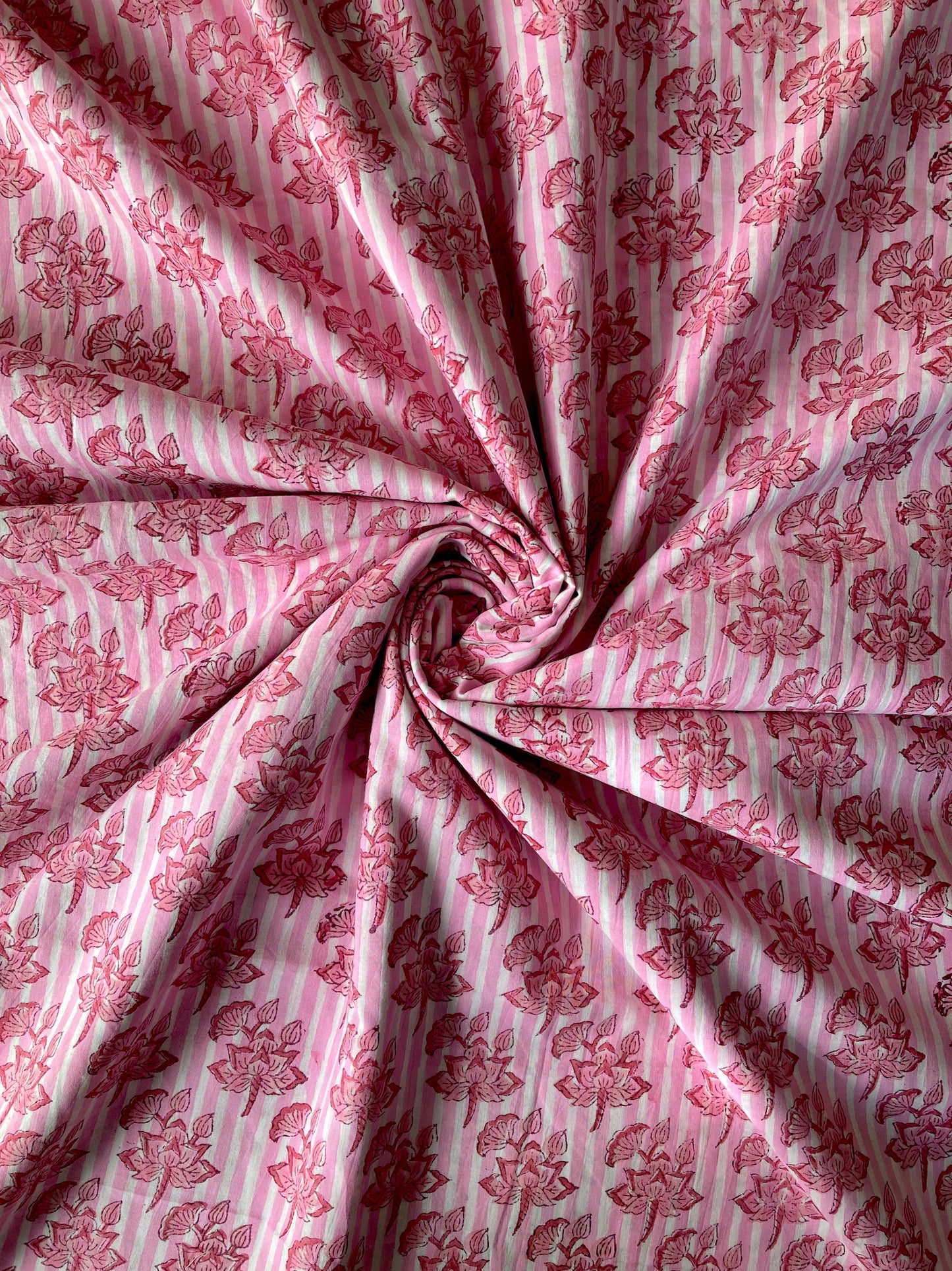 Hand Block Printed Pink Striped Cotton Fabric  #235-1