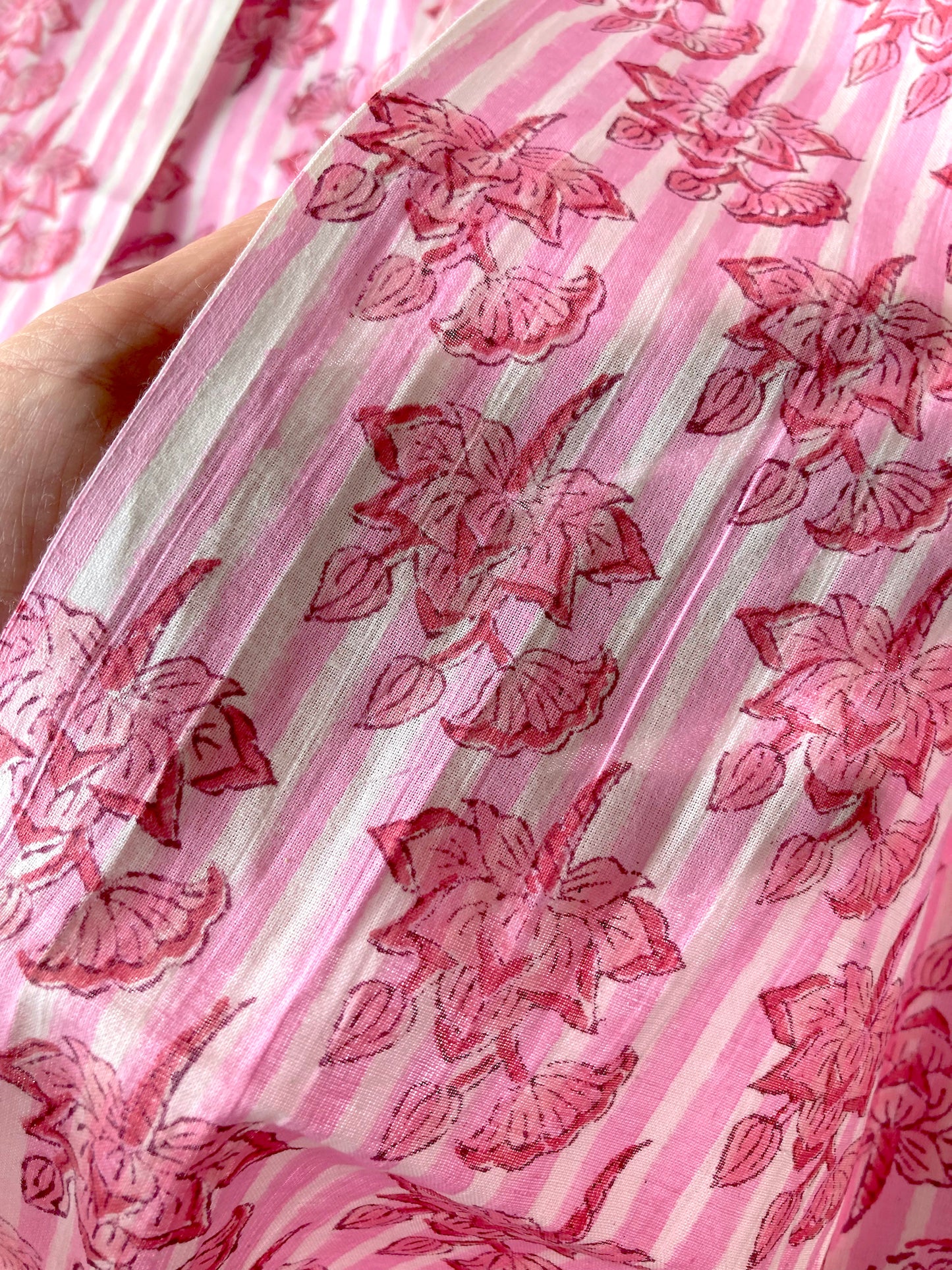 Hand Block Printed Pink Striped Cotton Fabric  #235-1