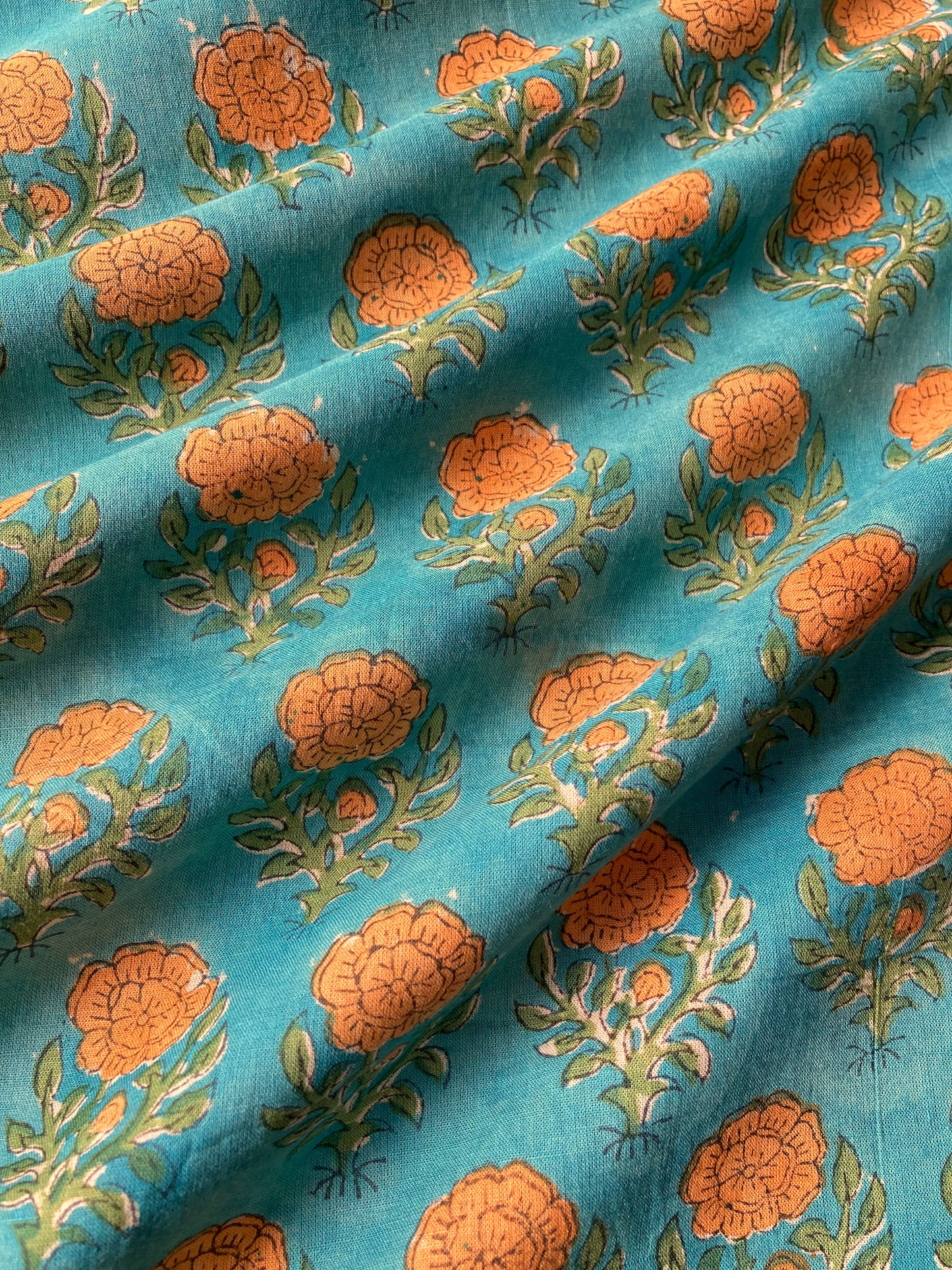 Hand Block Print Blue Green Cotton Fabric  #235-10