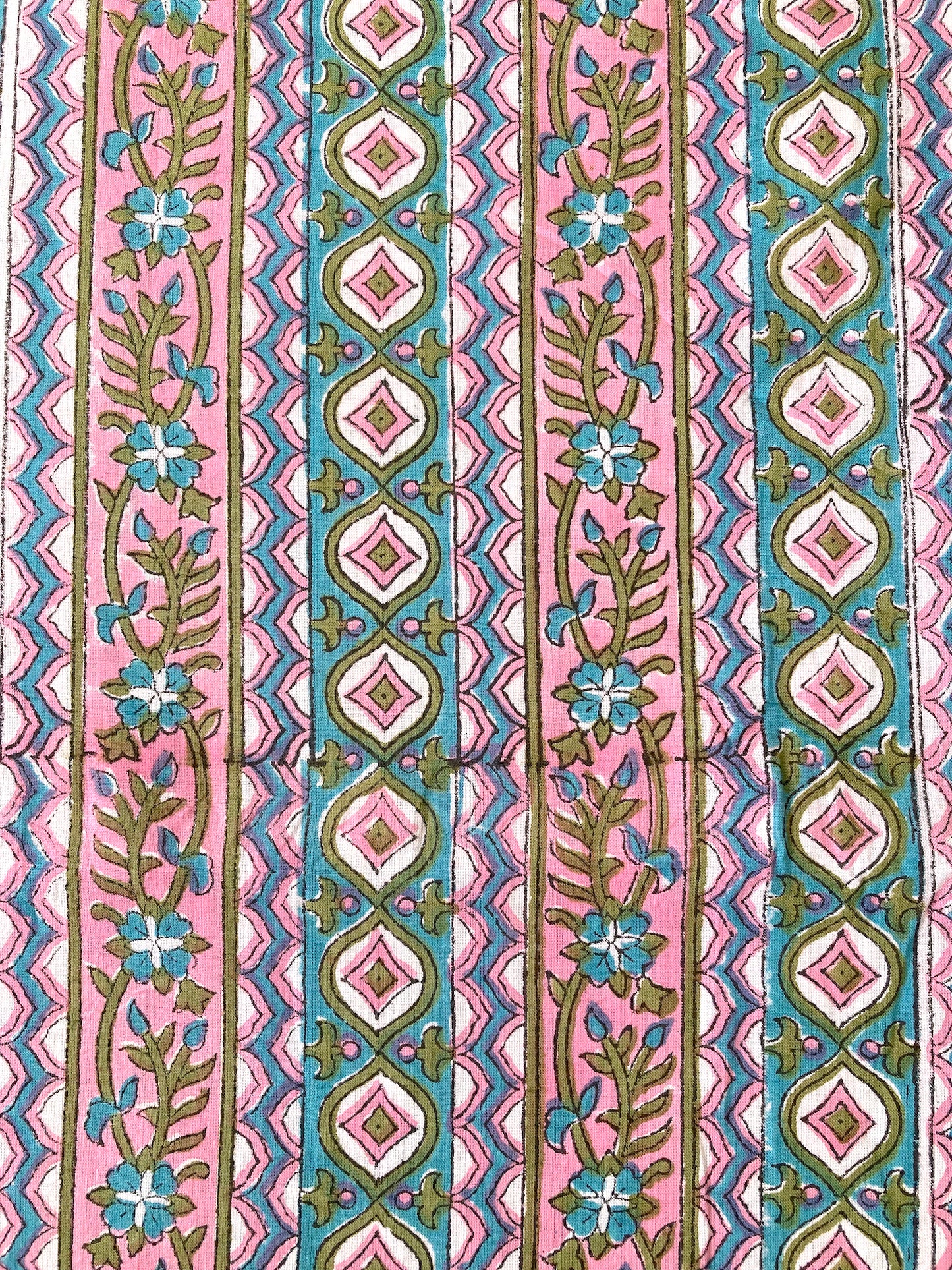 Hand Block Print Pink Border Cotton Fabric  #230-17