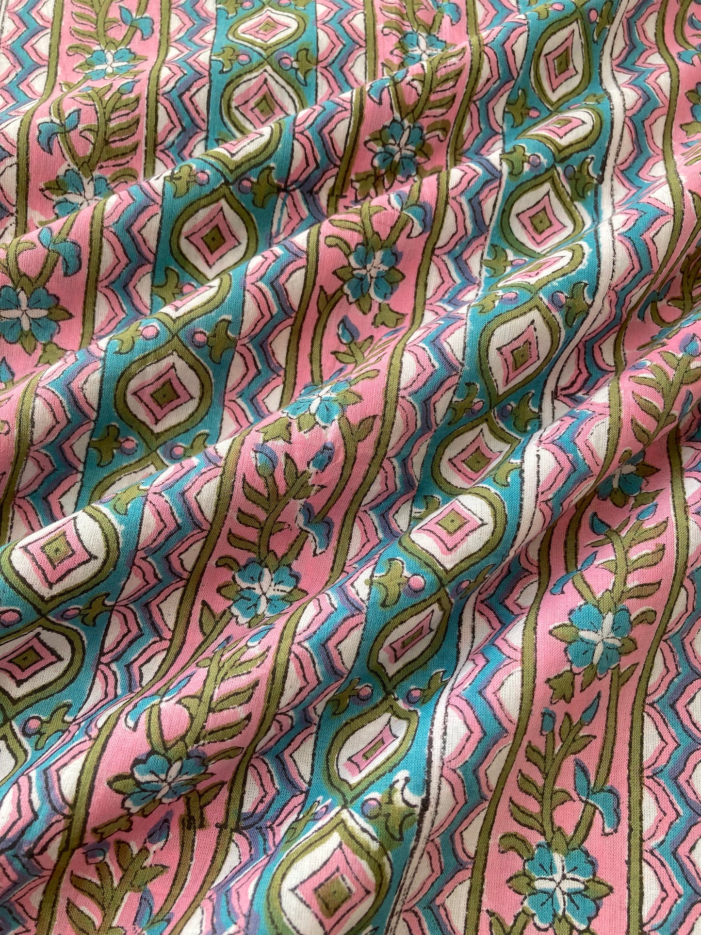 Hand Block Print Pink Border Cotton Fabric  #230-17