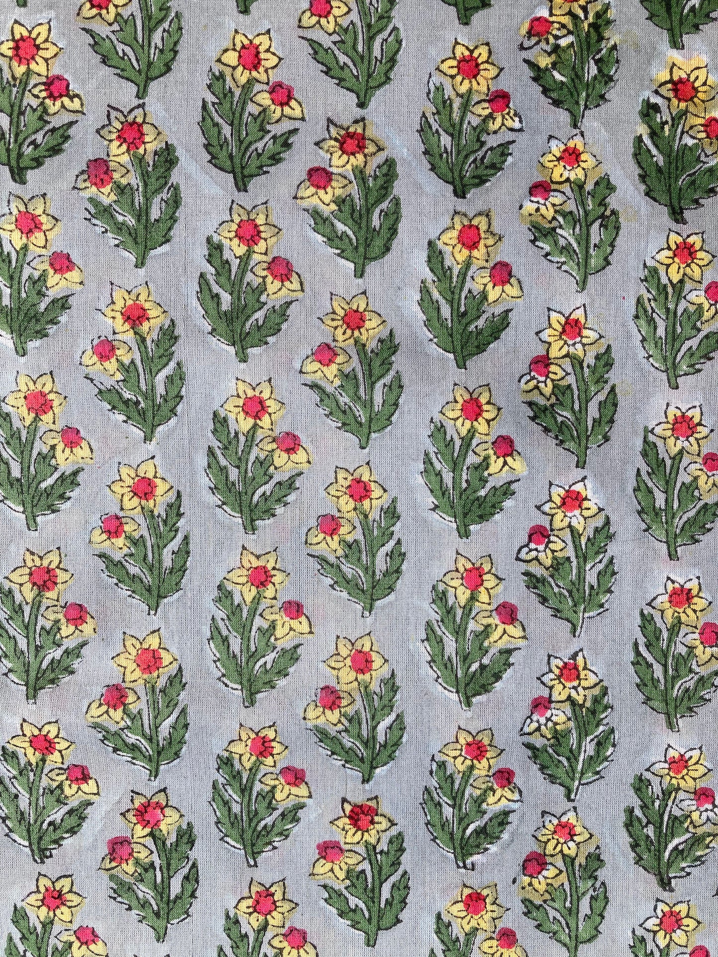 Hand Block Print Light Gray Floral Cotton Fabric  #235-3