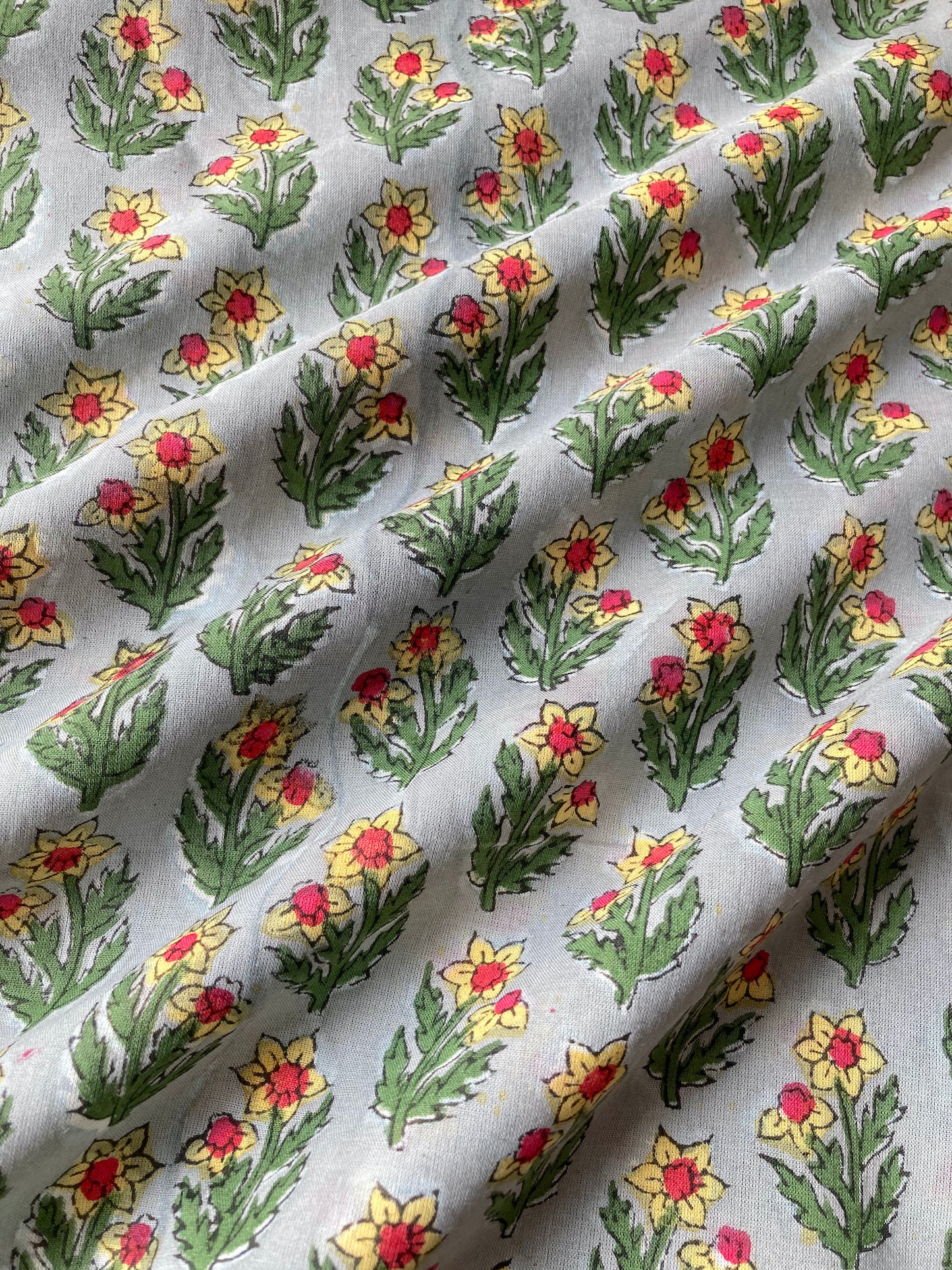 Hand Block Print Light Gray Floral Cotton Fabric  #235-3