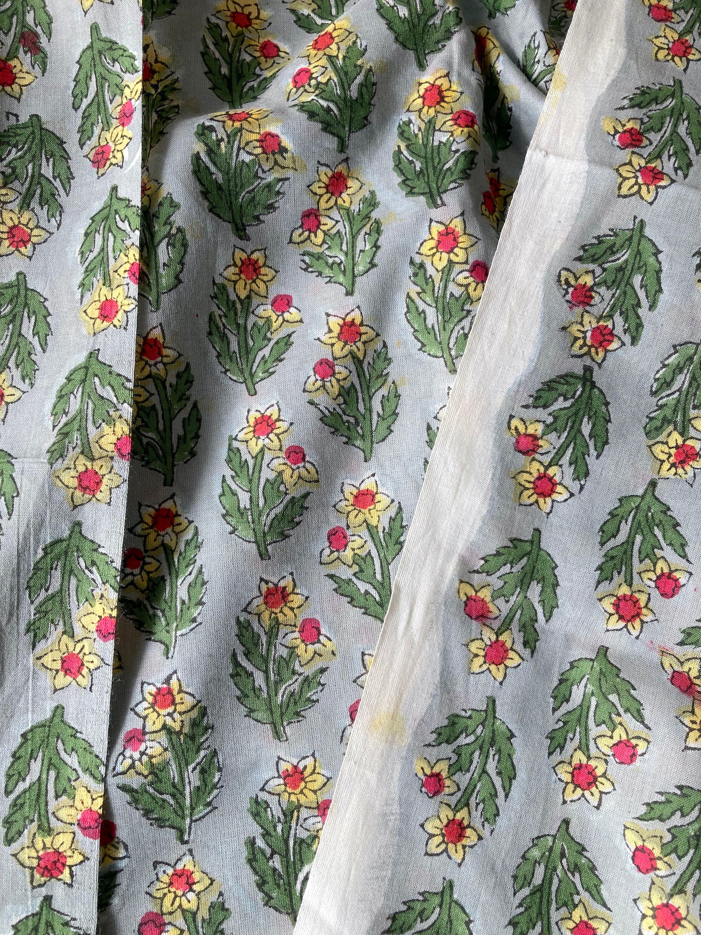 Hand Block Print Light Gray Floral Cotton Fabric  #235-3