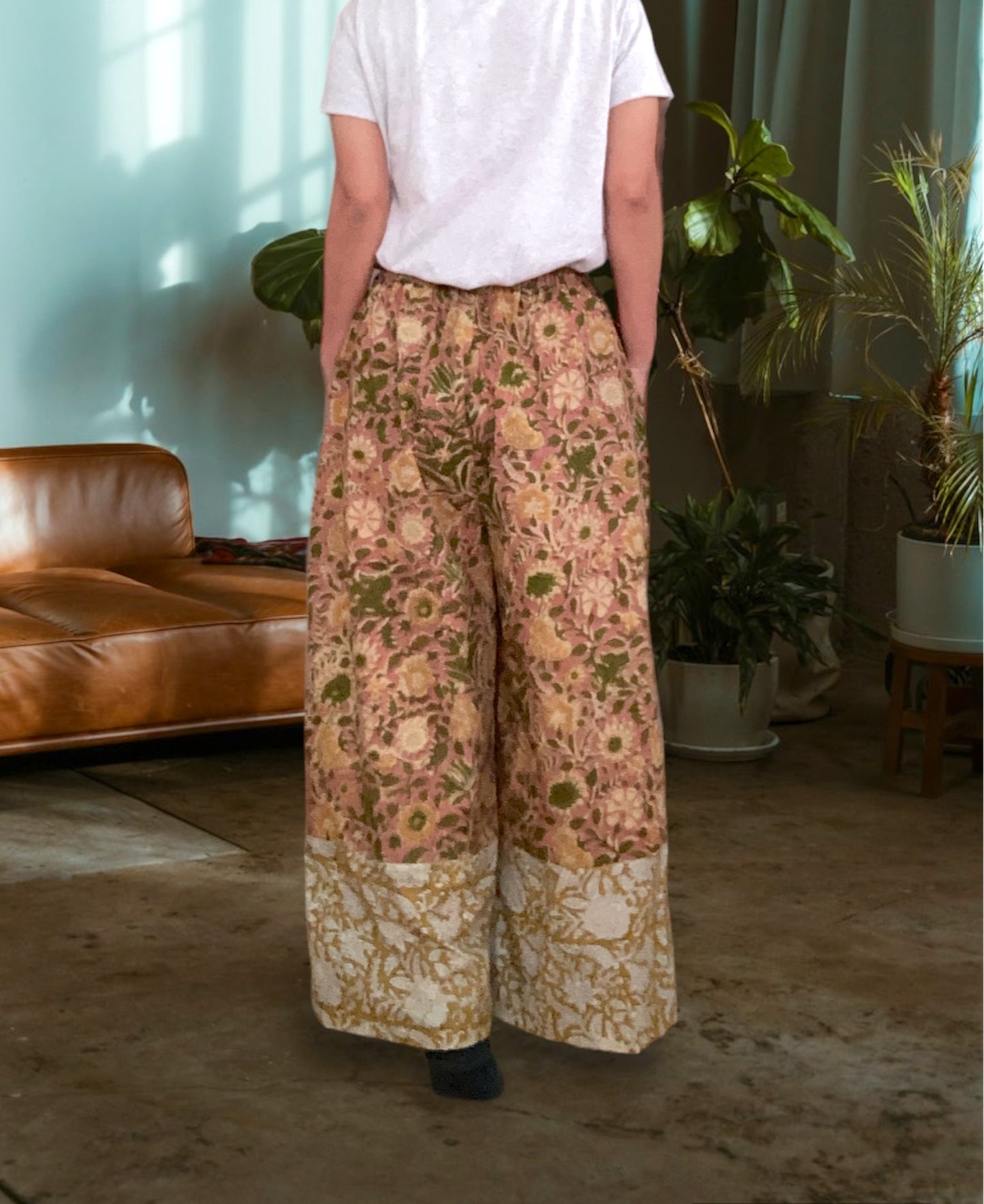 【custom order】ハンドブロックプリント生地 コットン 切替ワイドパンツ #CB-pants