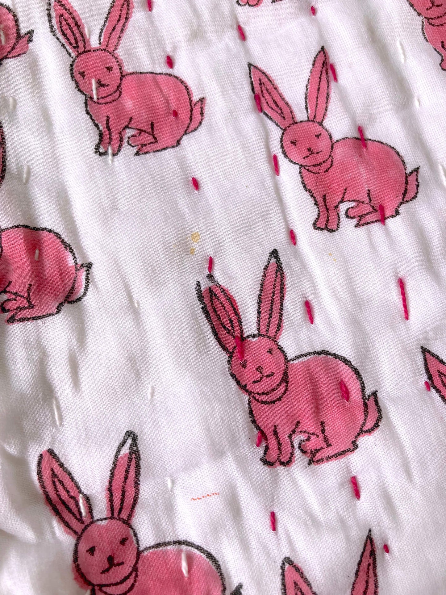 Hand Block Print Pink Bunny Hand Stitch Baby Quilt