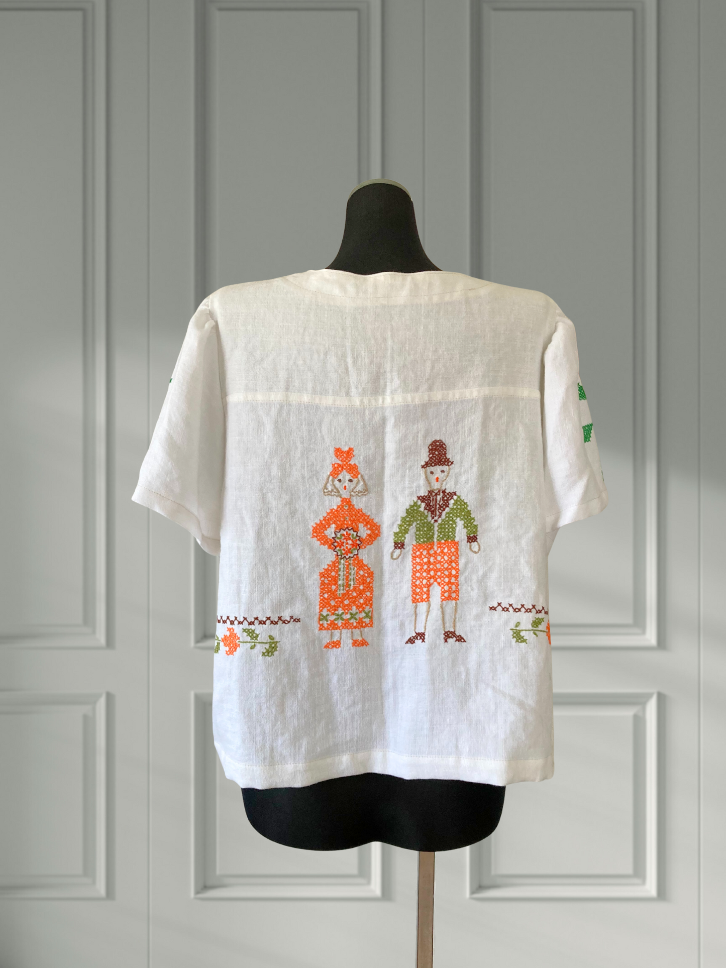 ヴィンテージ リネン 刺繍 リボン 羽織り 半袖シャツ