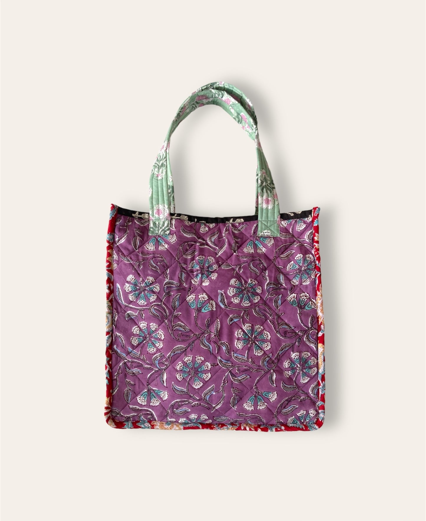 Block Printed Fabric Patchwork Quilted Square Tote Bag