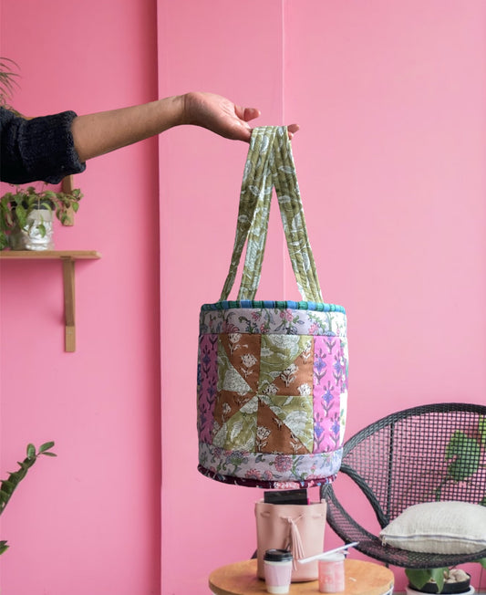 Hand Block Print Fabric Quilted Bucket Bag #193