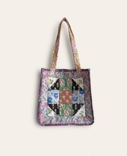 Block Print Patchwork Quilted Square Tote Bag #194