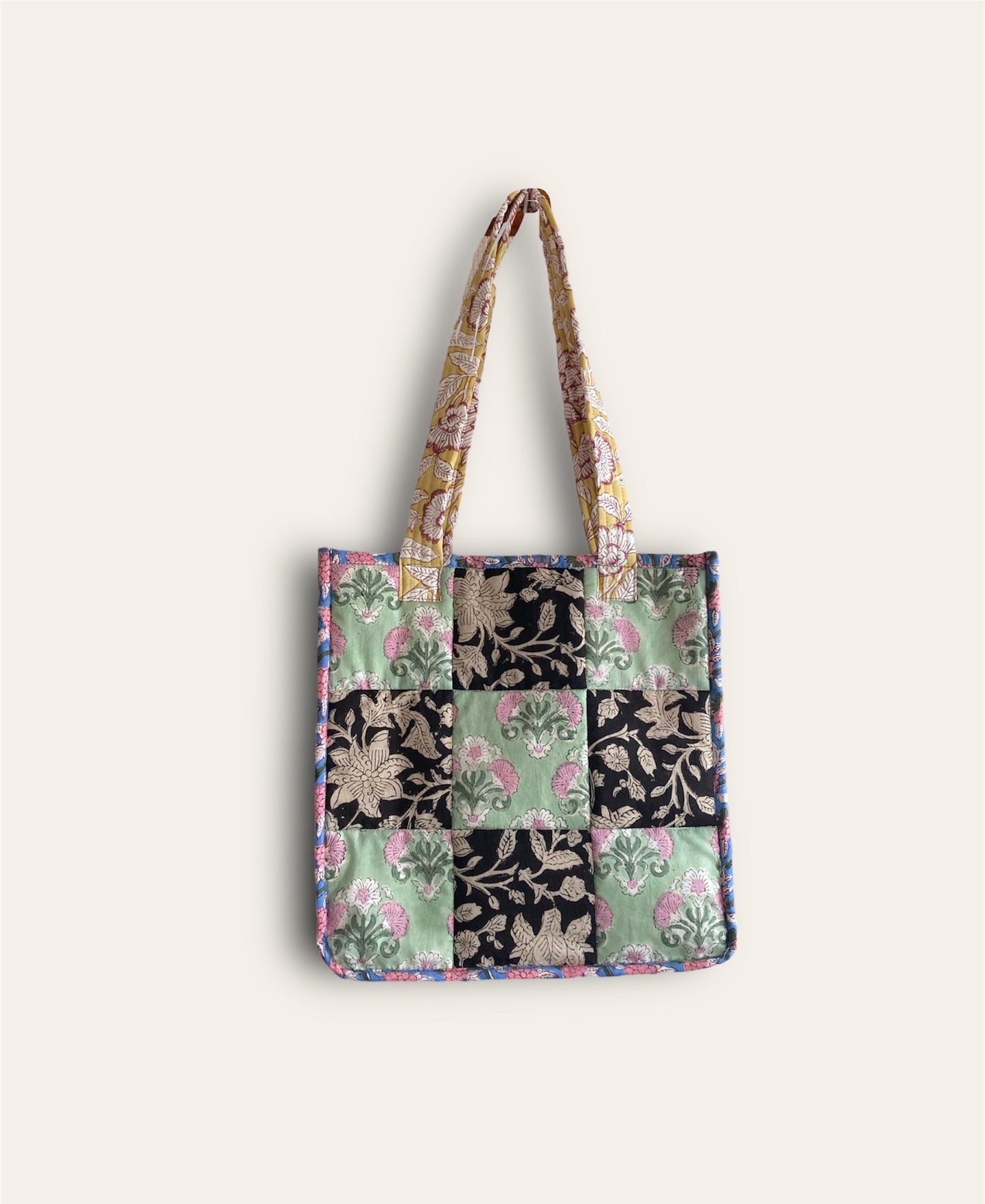 Block Print Patchwork Quilted Square Tote Bag #194