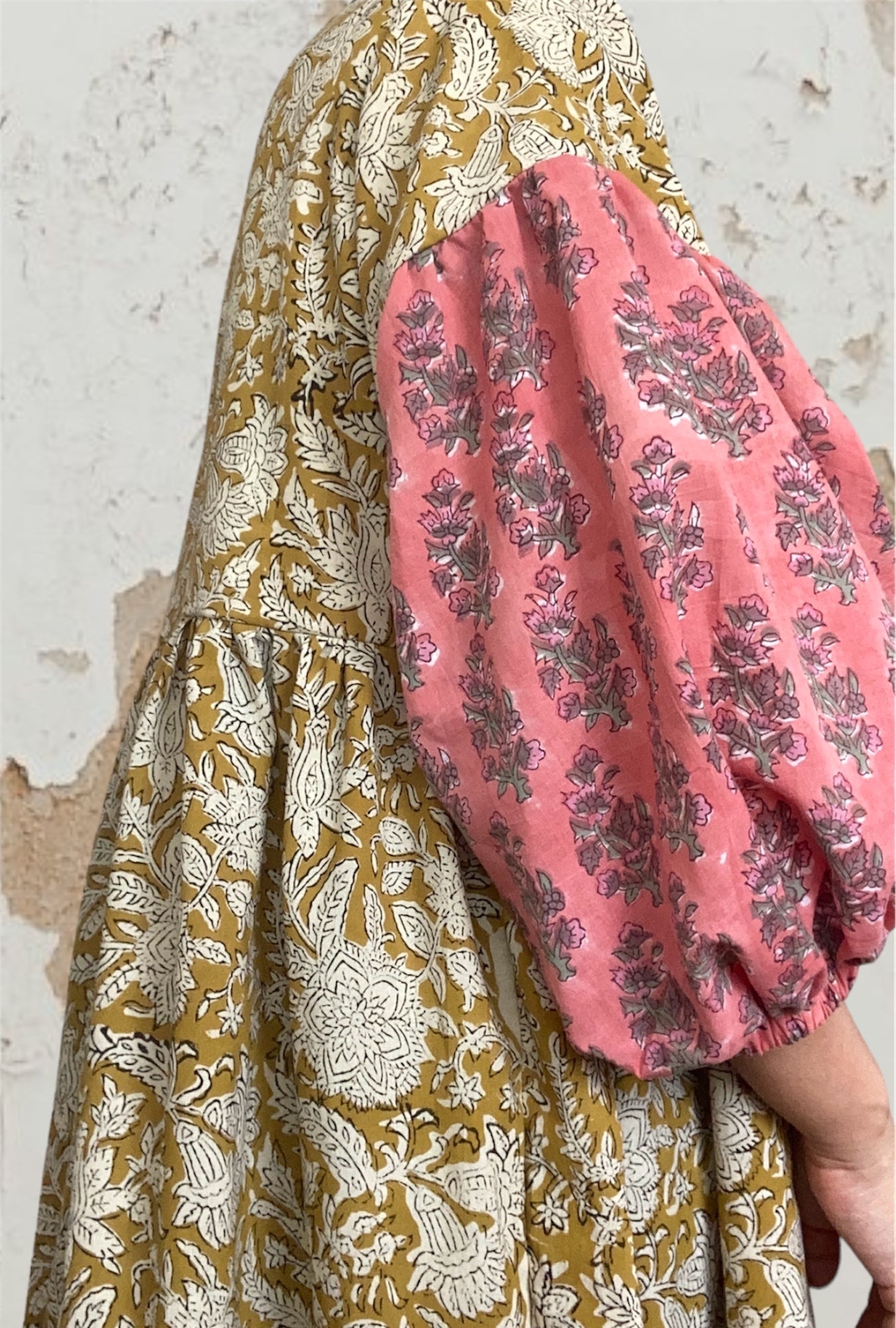 Hand Block Print Cotton Summer Dress Mustard Yellow x Pink
