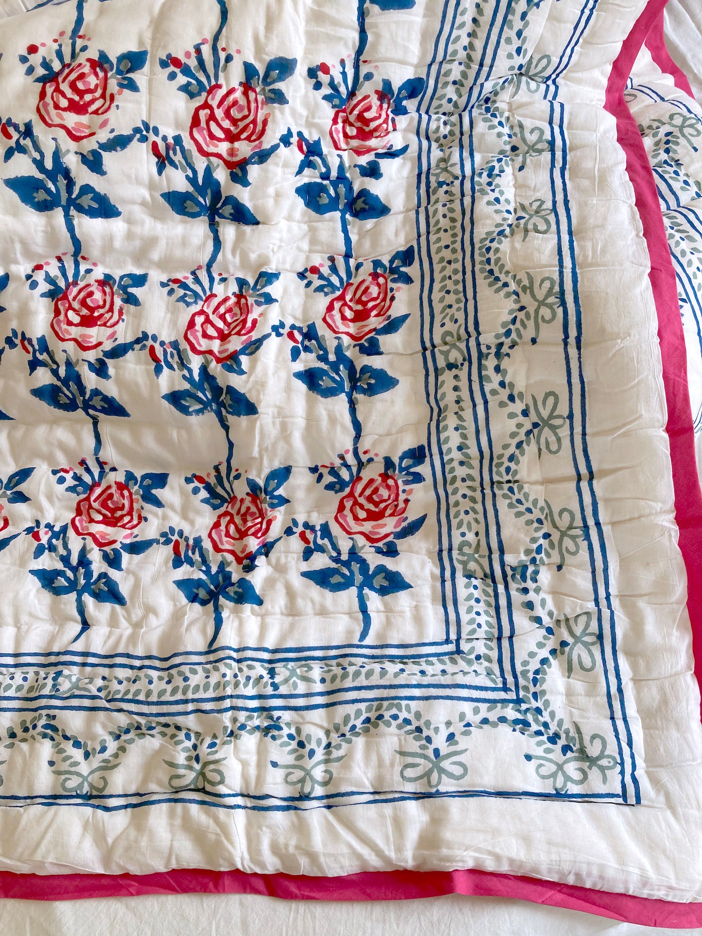 Hand block print cotton reversible single size quilt #Rose