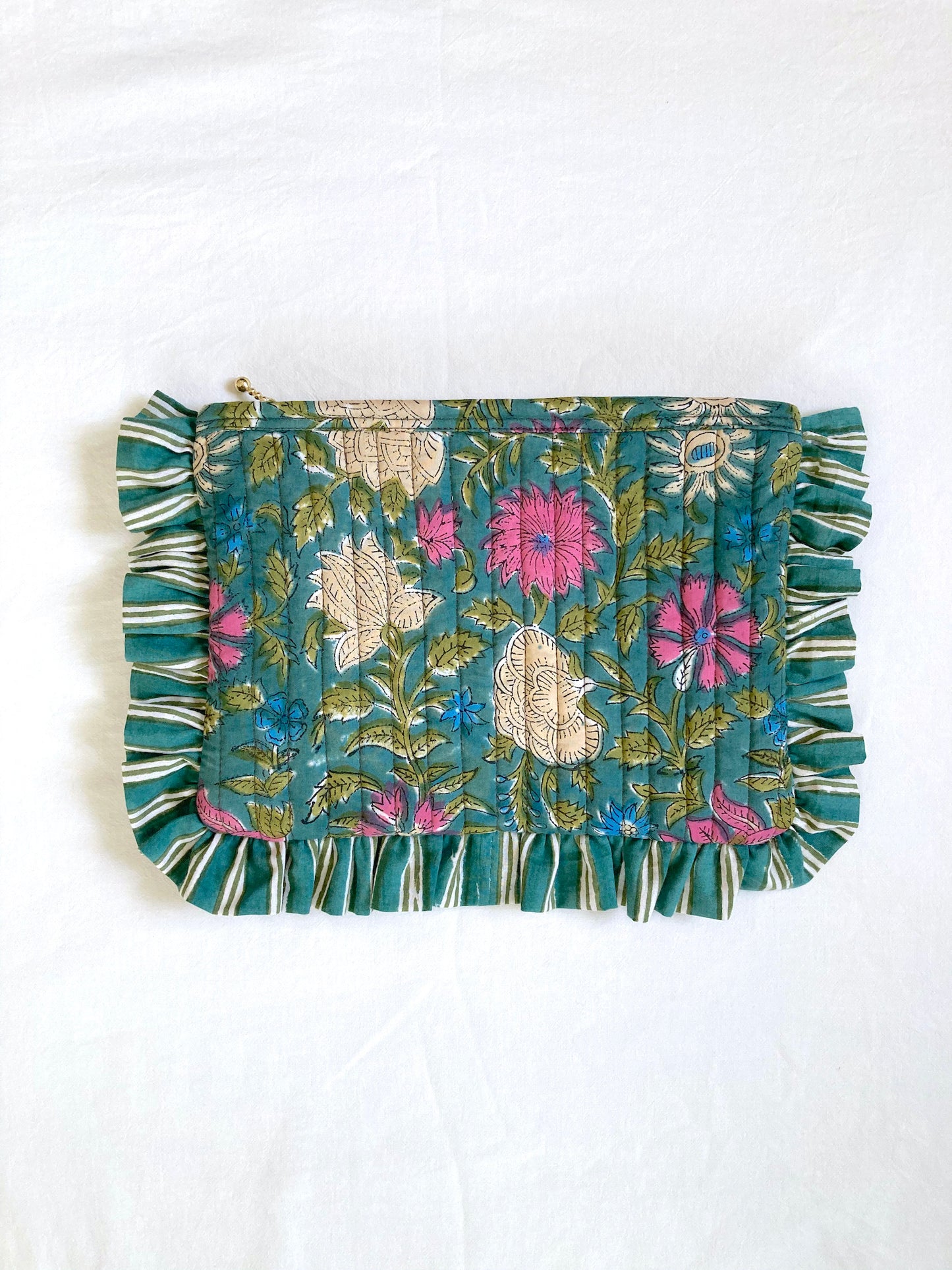 Hand Block Printed Fabric Floral Frill Zipper Cosmetic Bag / Frilled Pouch / Quilted Case